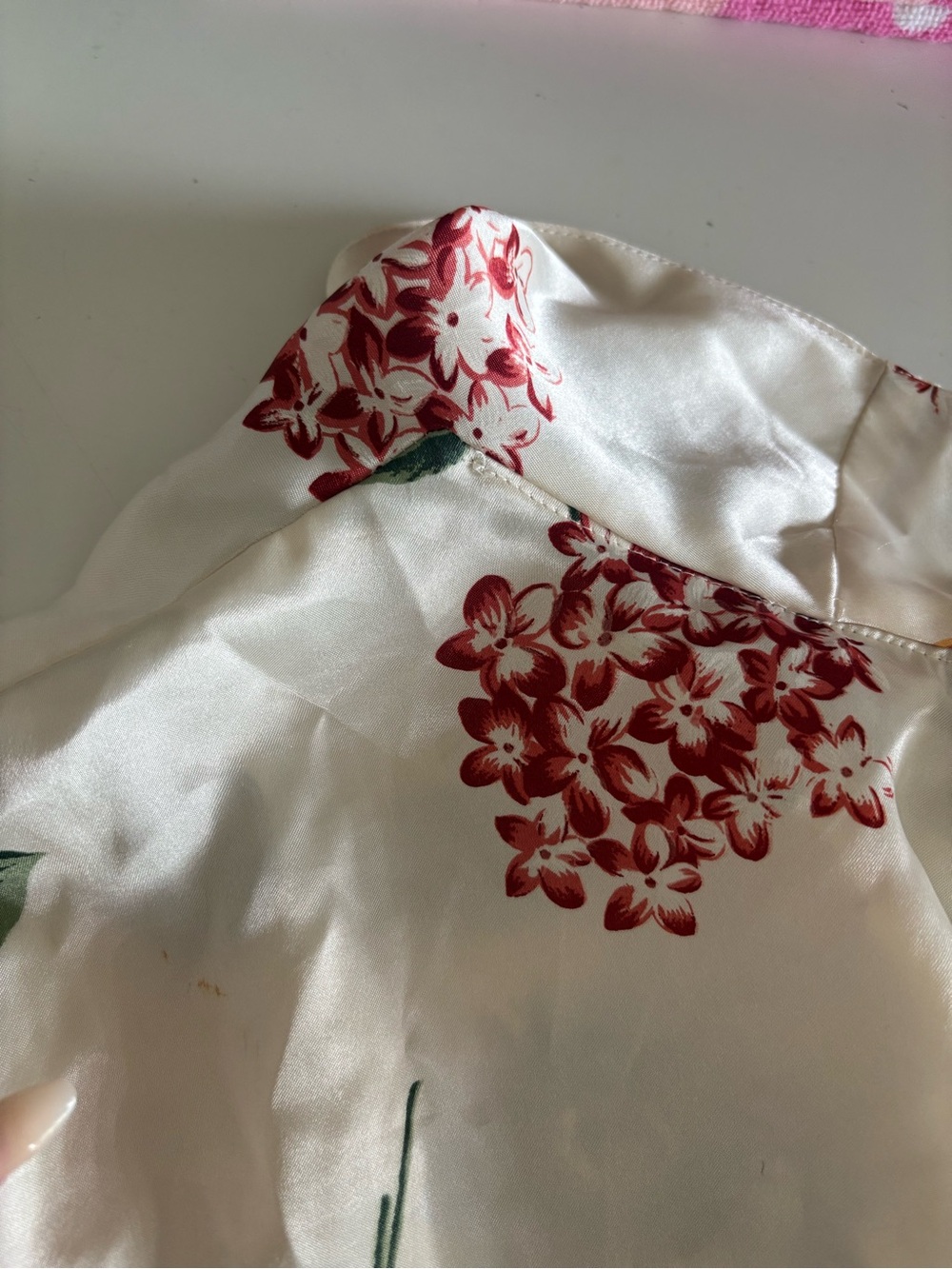 Vintage Tie-Front Satin Floral Blouse - Cream with Blue & Green Print - Picture 5 of 6